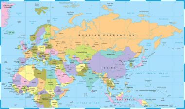Eurasia Europa Rusya Çin Hindistan Endonezya Tayland Afrika harita - vektör çizim