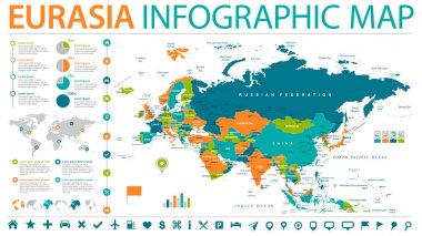 Eurasia Europa Rusya Çin Hindistan Endonezya Tayland Haritası - detaylı vektör çizim
