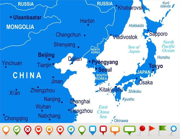 Corea del Norte Corea del Sur Japón China Rusia Mapa de Mongolia - Ilustración vectorial — Vector de stock