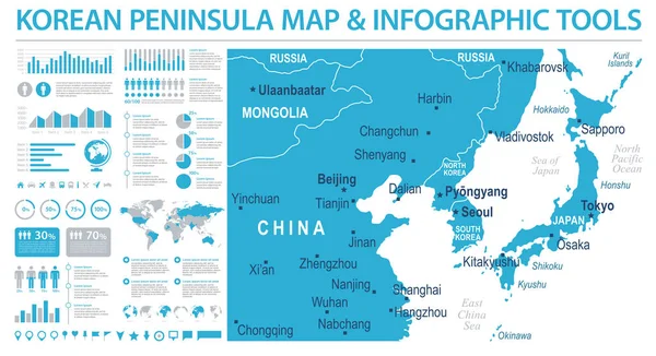 Noord Korea Zuid Korea Japan China Rusland Mongolië Kaart Gedetailleerde — Stockvector