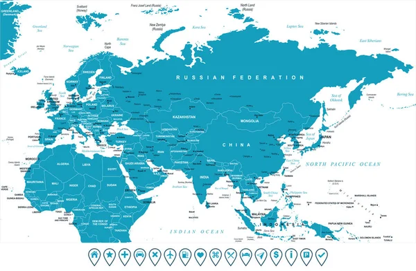 Eurazië Europa Rusland China India Indonesië Thailand Afrika kaart - vectorillustratie — Stockvector