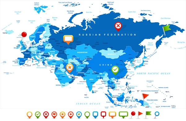 Eurasien Europa Ryssland Kina Indien Indonesien Thailand karta - vektorillustration — Stock vektor