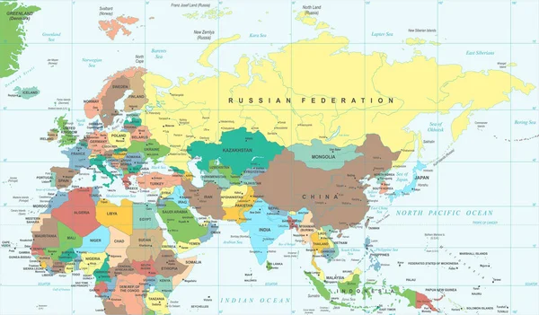 यूरेशिया यूरोपा रूस चीन इंडोनेशिया थाईलैंड अफ्रीका नक्शा वेक्टर इलस्ट्रेशन — स्टॉक वेक्टर