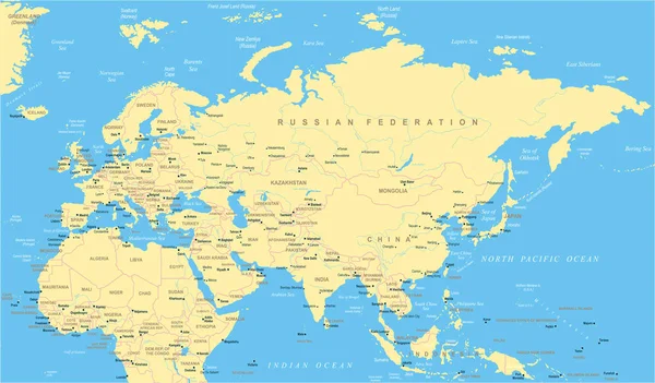 Eurazië Europa Rusland China India Indonesië Thailand Afrika kaart - vectorillustratie — Stockvector