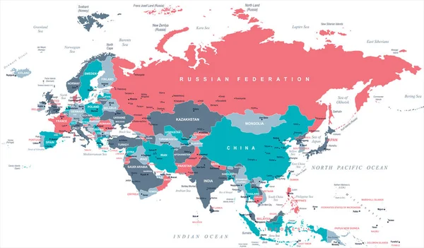 Eurasia Europa Rússia China Índia Indonésia Tailândia Mapa - Ilustração vetorial — Vetor de Stock