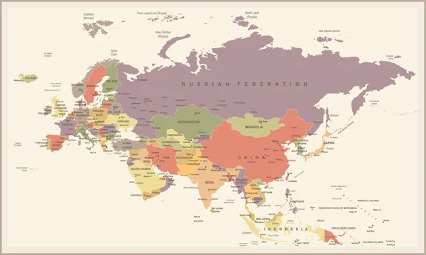 Eurasia Europa Rosja Chiny Indie Indonezja Tajlandia Mapa - Vintage wektor ilustracja — Wektor stockowy