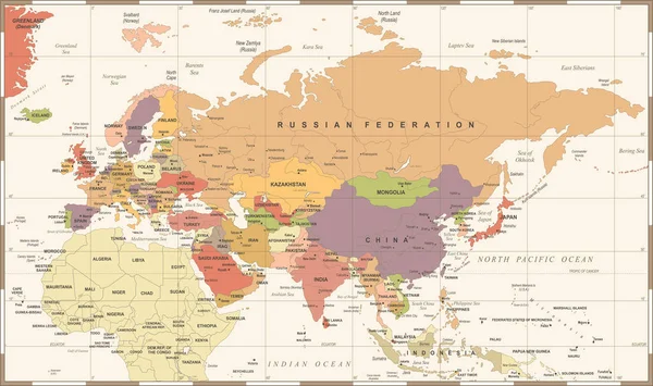 Eurazië Europa Rusland China India Indonesië Thailand kaart - vectorillustratie — Stockvector