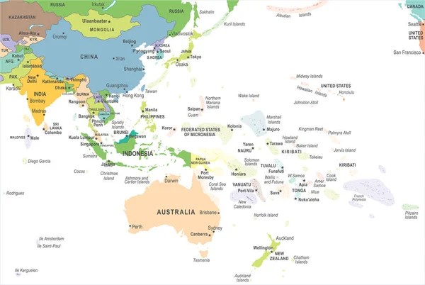 Ostasien och Oceanien karta - vektorillustration — Stock vektor
