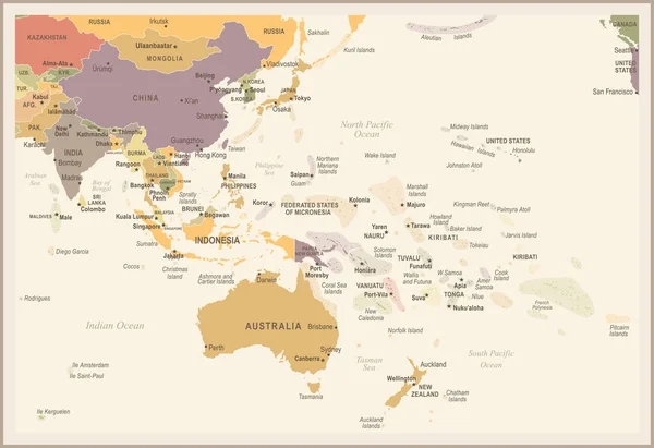 Mapa da Ásia Oriental e Oceania - Ilustração do Vetor Vintage — Vetor de Stock