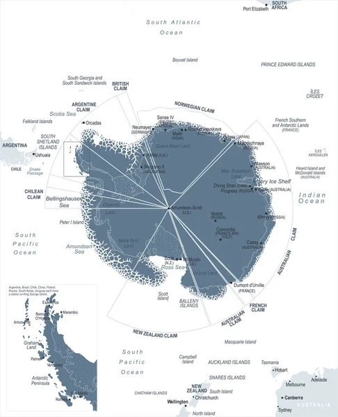 Mapa da região antártica - Ilustração vetorial — Vetor de Stock