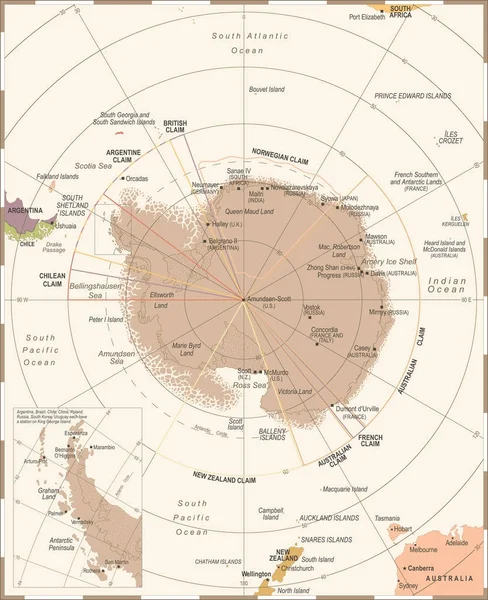 Mapa de la región Antártica - Ilustración de Vectores Vintage — Archivo Imágenes Vectoriales