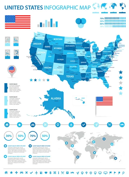Estados Unidos - mapa infográfico y bandera - ilustración — Vector de stock