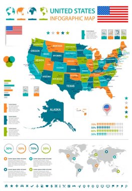 Amerika Birleşik Devletleri - Infographic harita ve bayrak - illüstrasyon