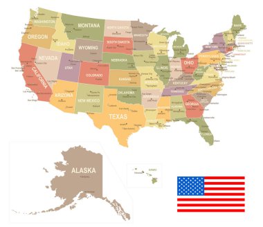 Amerika Birleşik Devletleri - vintage harita ve bayrak - illüstrasyon
