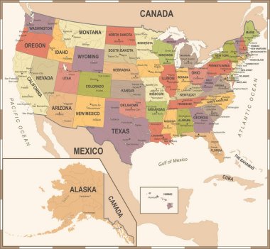 Amerika Birleşik Devletleri harita - Vintage vektör çizim