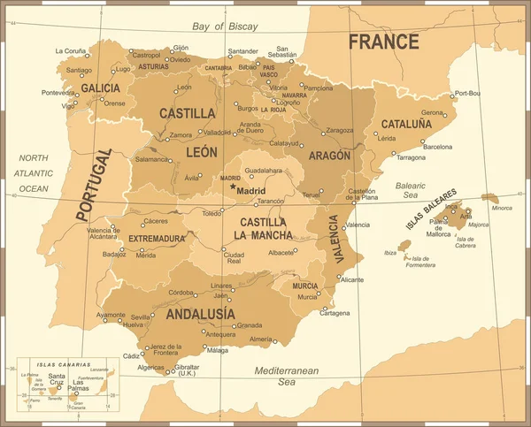 Mapa de España - Ilustración vectorial vintage — Vector de stock