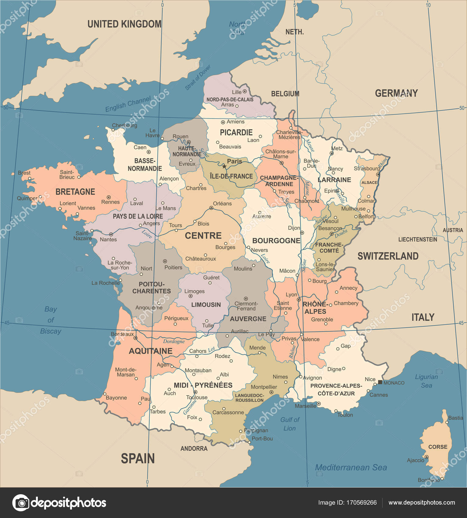 Frankrike karta - Vintage vektorillustration — Stock Vektor