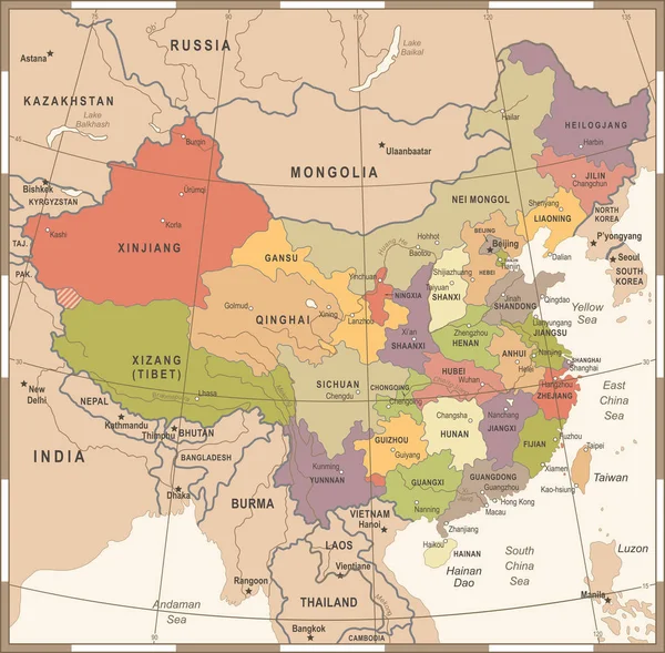 Карта Китая - Винтажные векторные иллюстрации — стоковый вектор