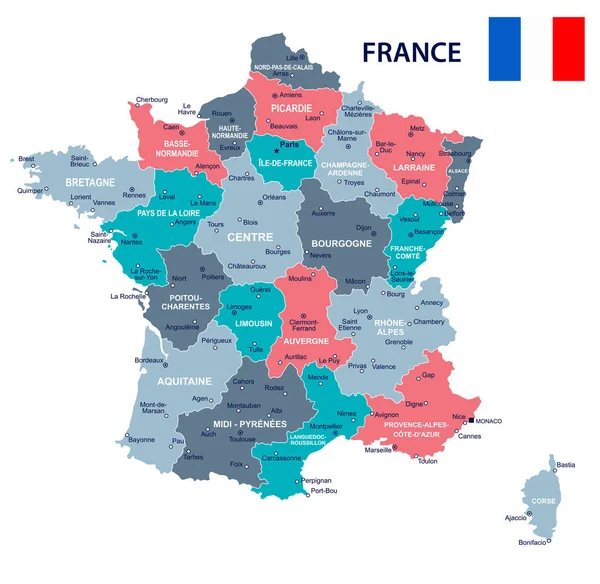 Francia - ilustración de mapa y bandera — Vector de stock