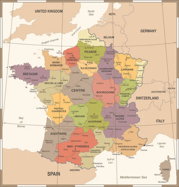 Mapa de Francia - Ilustración vectorial vintage — Vector de stock