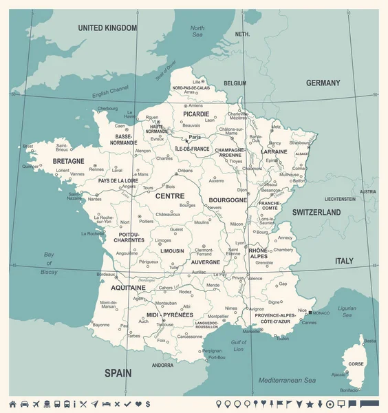 Carte de France - Illustration vectorielle vintage — Image vectorielle