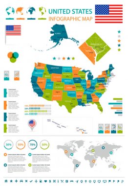 Amerika Birleşik Devletleri - Infographic harita ve bayrak - illüstrasyon