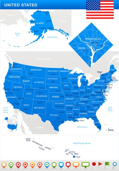 Spojené státy - mapa, vlajka a navigační ikony - ilustrace — Stockový vektor