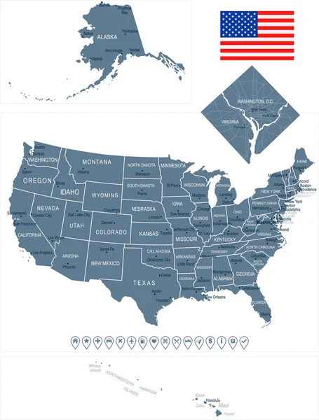Spojené státy - mapy a vlajky - ilustrace — Stockový vektor