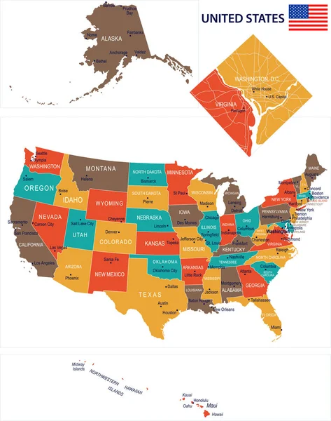 Estados Unidos - ilustración de mapa y bandera — Vector de stock