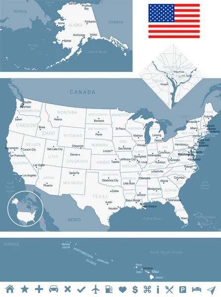 アメリカ合衆国 - 地図し、イラストにフラグを設定 — ストックベクタ