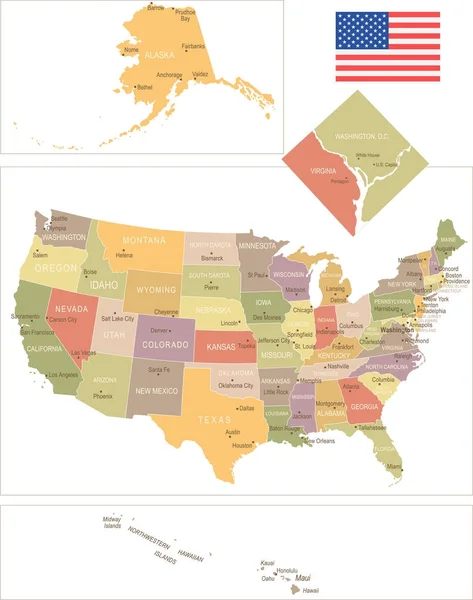 Соединенные Штаты Америки - винтажная карта и флаг - иллюстрация — стоковый вектор