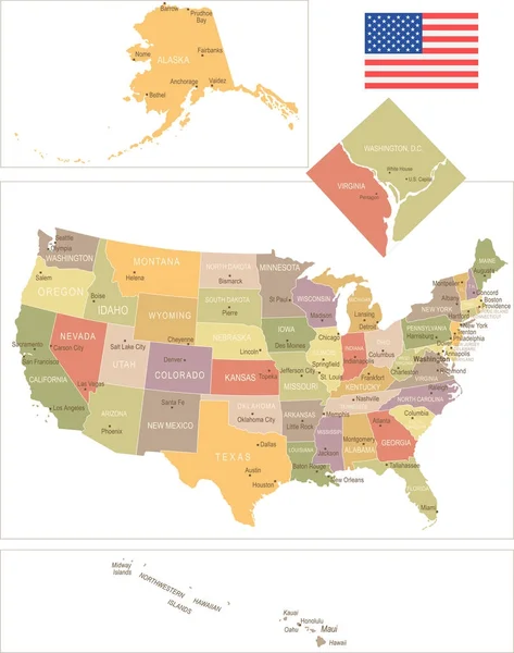 미국-빈티지 지도 및 국기-일러스트 레이 션 — 스톡 벡터