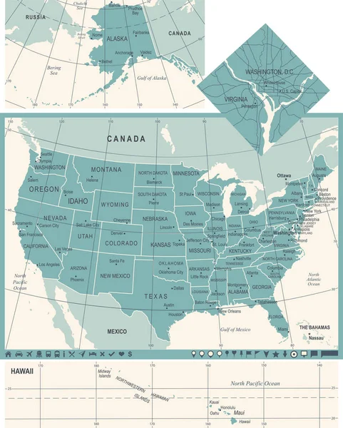 アメリカ合衆国の地図 - ビンテージ ベクトル図 — ストックベクタ