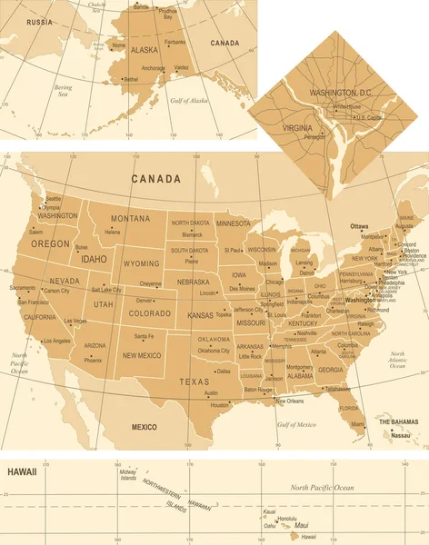 アメリカ合衆国の地図 - ビンテージ ベクトル図 — ストックベクタ