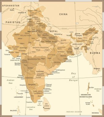 Hindistan Haritası - Vintage vektör çizim