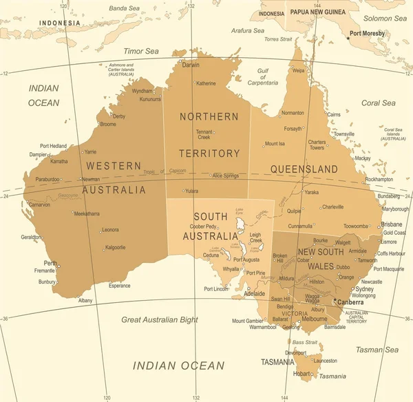 Mapa de Australia - Ilustración vectorial vintage — Vector de stock