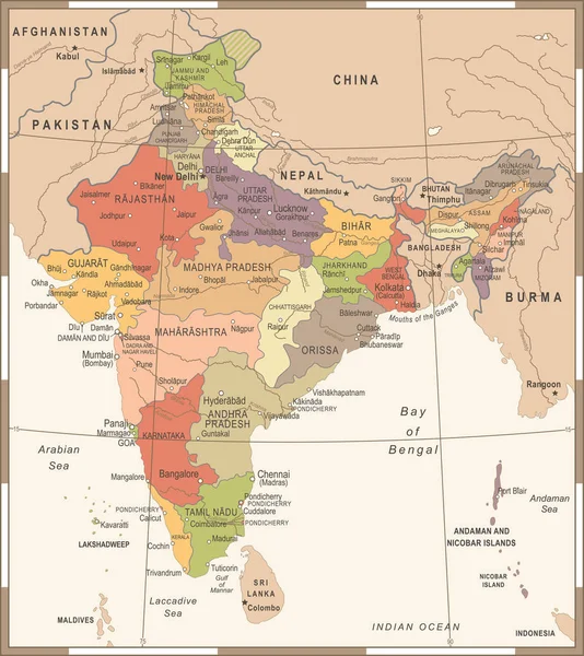 インド地図 - ビンテージ ベクトル図 — ストックベクタ