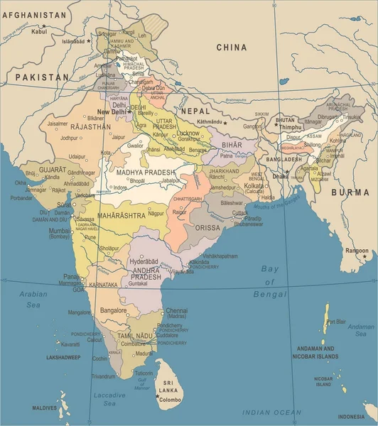 インド地図 - ビンテージ ベクトル図 — ストックベクタ