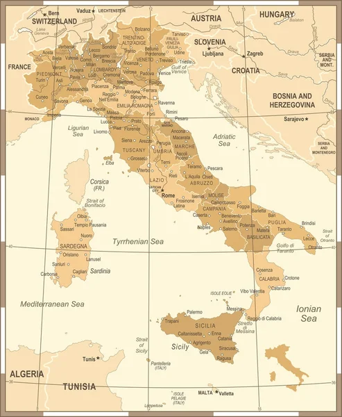 Карта Италии - Винтажные векторные иллюстрации — стоковый вектор