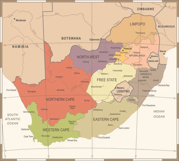 南アフリカ共和国の地図 - ビンテージ ベクトル図 — ストックベクタ