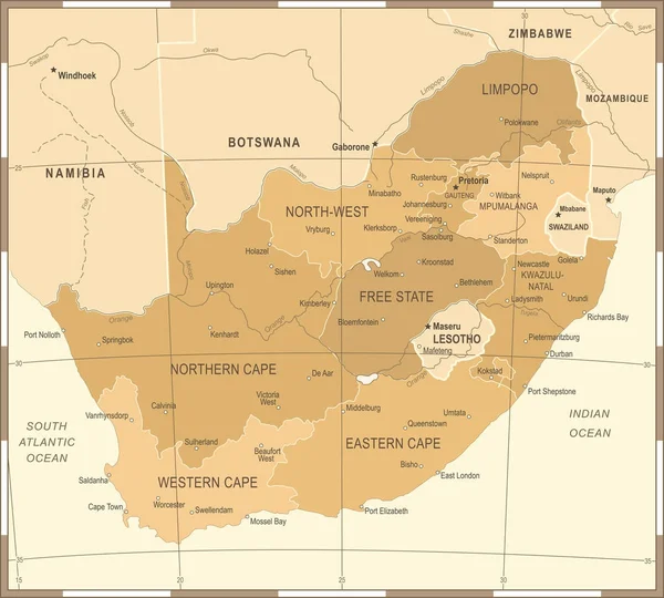 南アフリカ共和国の地図 - ビンテージ ベクトル図 — ストックベクタ