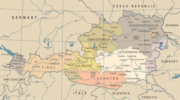Avusturya harita - Vintage vektör çizim — Stok Vektör