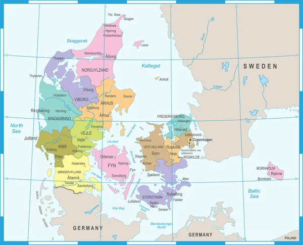 Dinamarca Mapa - Ilustración vectorial — Archivo Imágenes Vectoriales