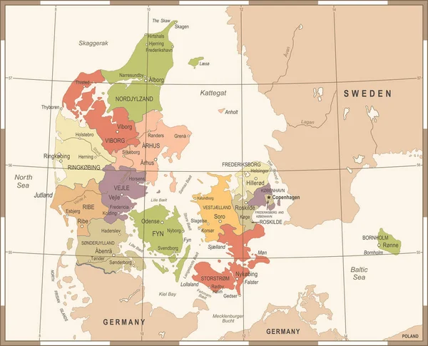 Карта Дании - Винтажные векторные иллюстрации — стоковый вектор