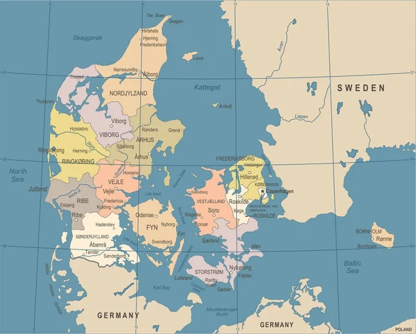 Danimarka harita - Vintage vektör çizim — Stok Vektör