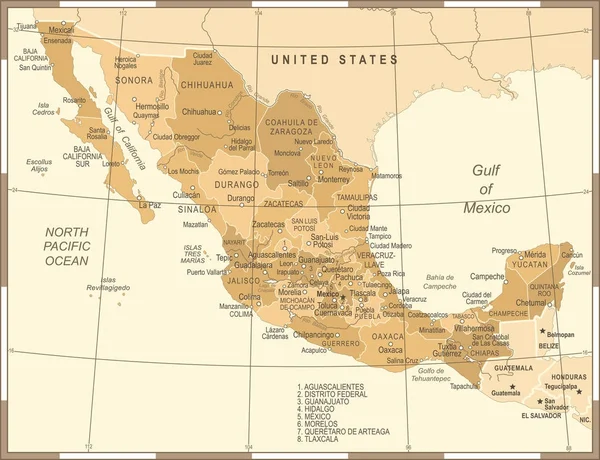 Mapa Meksyku - Vintage wektor ilustracja — Wektor stockowy