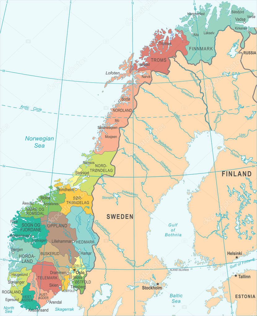 Mapa da Noruega - ilustração vetorial — Vetores de Stock © dikobrazik