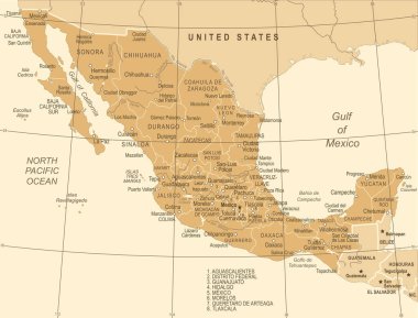 Meksika harita - Vintage vektör çizim