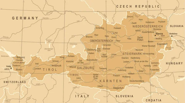 Österrike karta - Vintage vektorillustration — Stock vektor