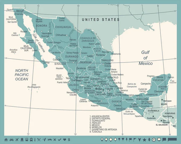 メキシコの地図 - ビンテージ ベクトル図 — ストックベクタ